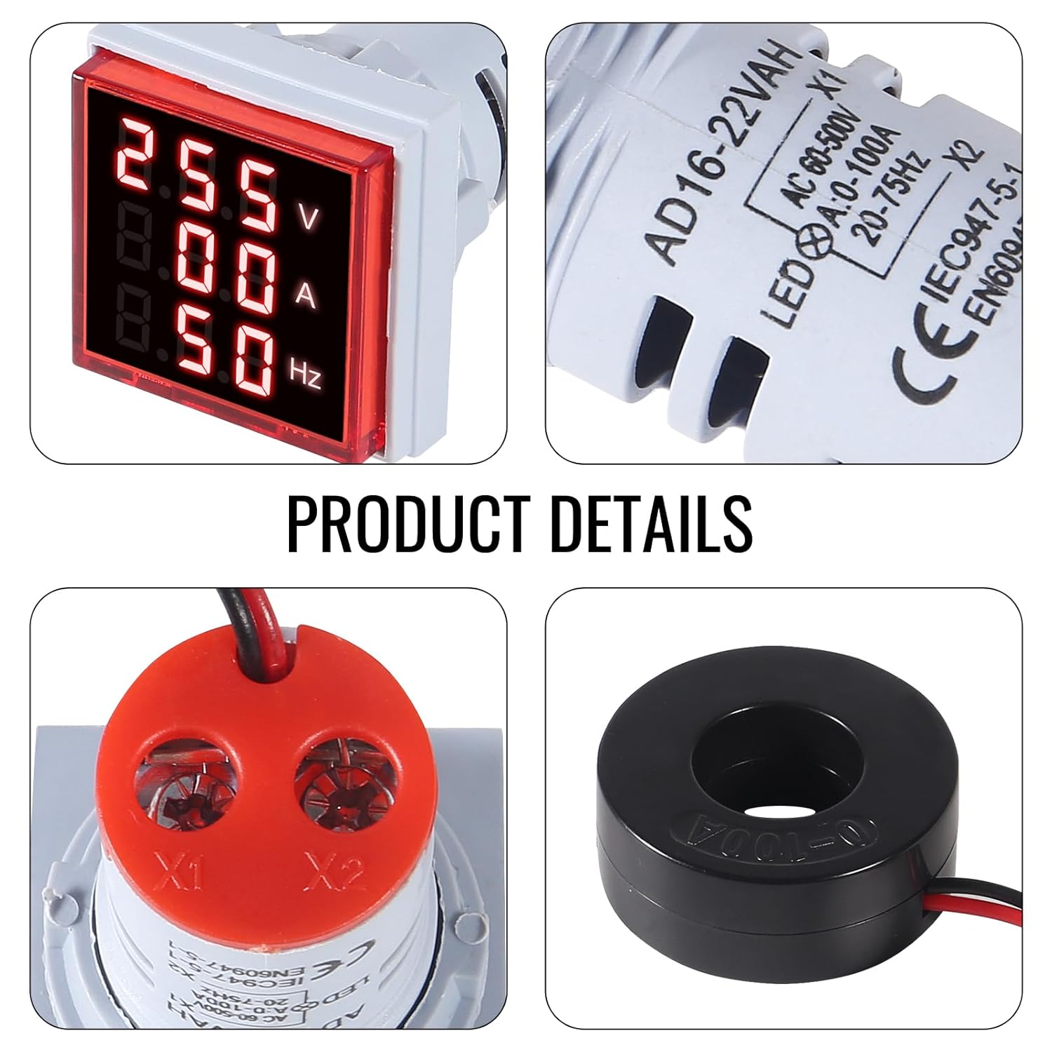 AC Current, Voltage and Frequency Indicator - 22mm Square Head LED Multi-Function Measuring