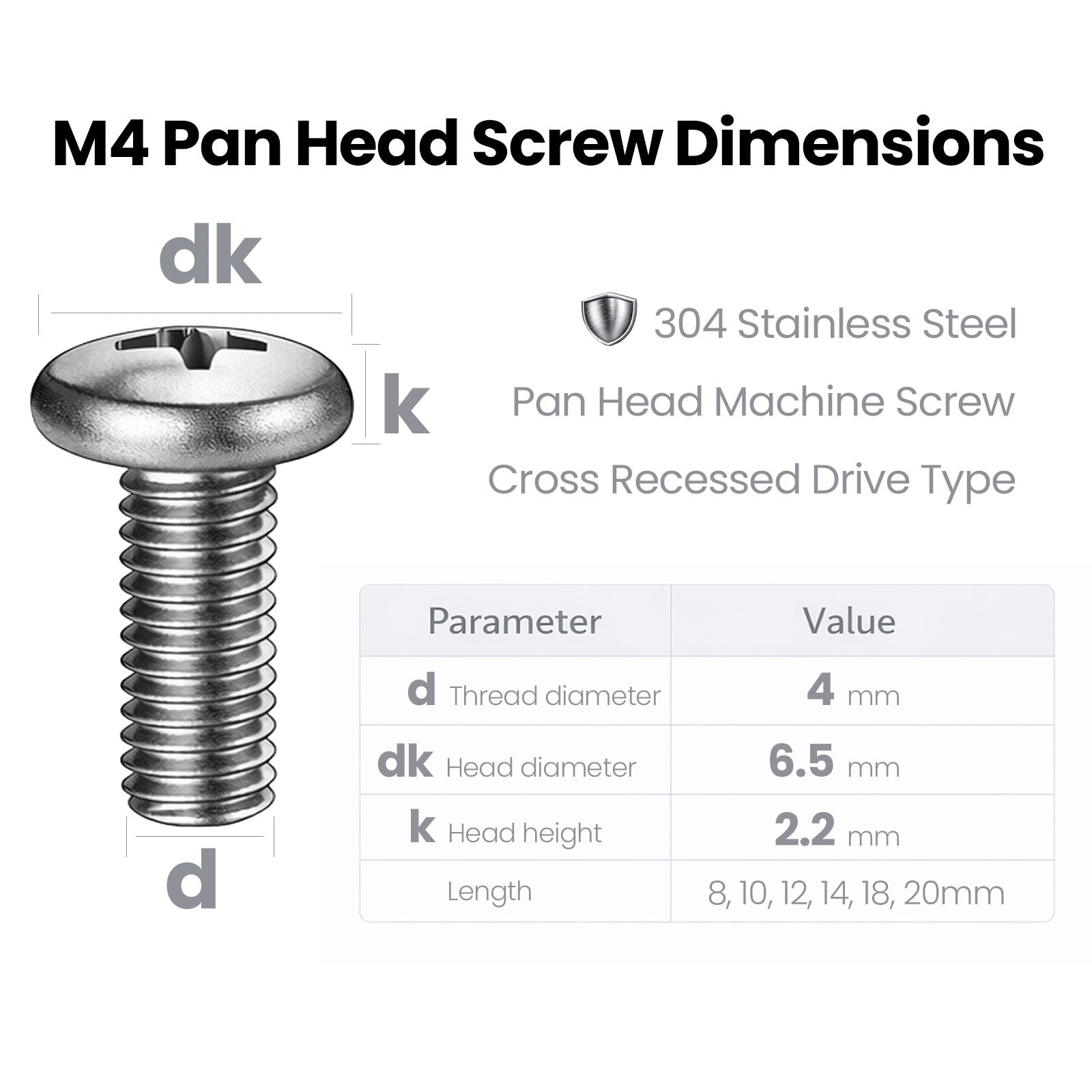 M4 304 Stainless Steel Phillips Pan Head Machine Screws – Multiple Lengths (Pack of 4)